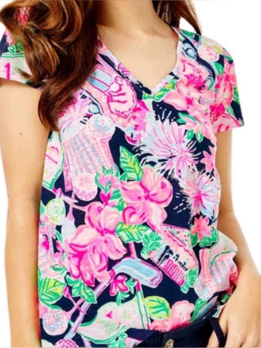 Lilly Pulitzer Etta V-Neck Tee Floral & Golf Theme size Large